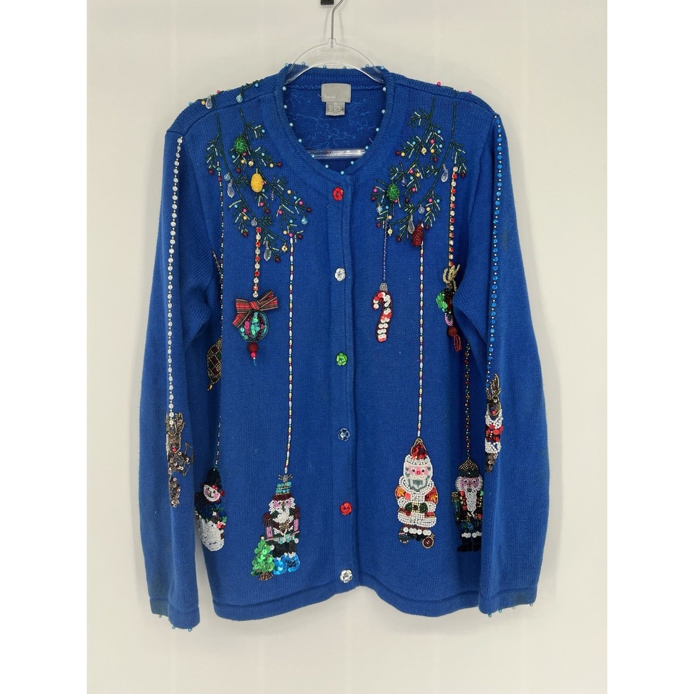 Bershka XL Blue Christmas Cardigan Sequin Beaded Santa Holiday Ugly Sweater 3D